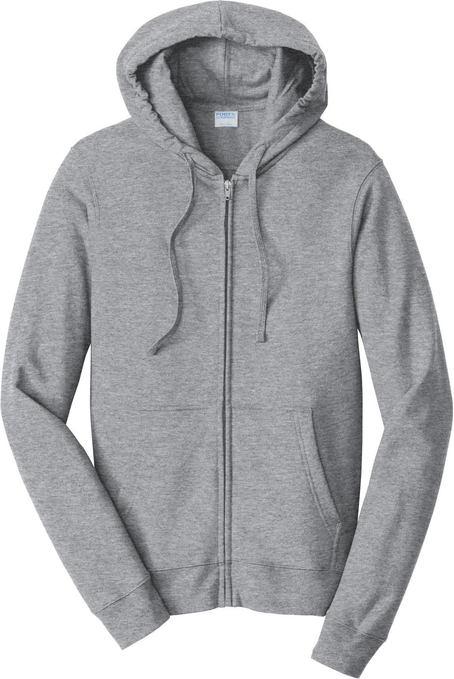 Front View of Athletic Hthr Port & Co Fan Favorite Fleece Full-Zip Hooded Sweatshirt. PC850ZH