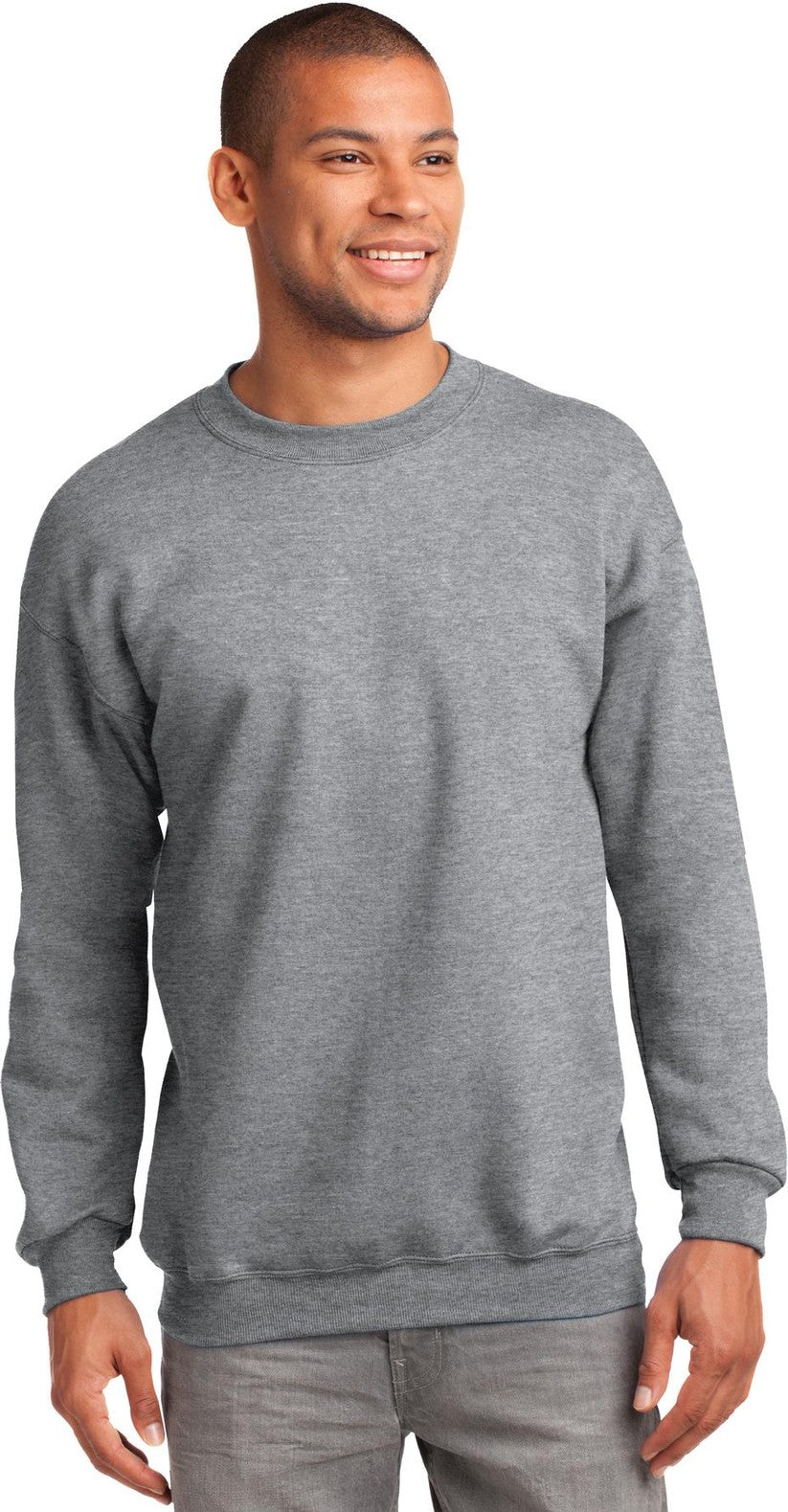 Front View of Athletic Hthr Port & Co Tall Essential Fleece Crewneck Sweatshirt. PC90T