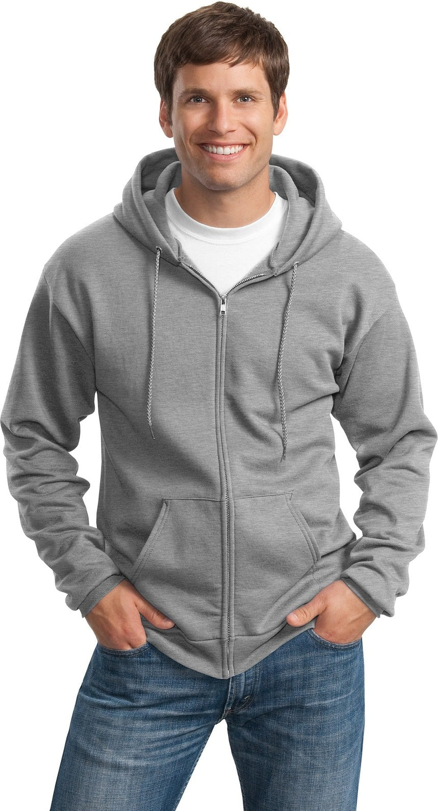 Front View of Athletic Hthr Port & Co Tall Essential Fleece Full-Zip Hooded Sweatshirt. PC90ZHT