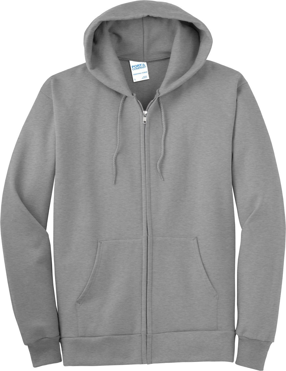 Front View of Athletic Hthr Port & Co Tall Essential Fleece Full-Zip Hooded Sweatshirt. PC90ZHT