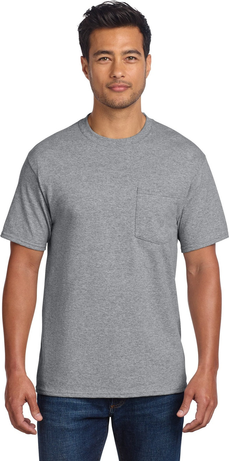 Front View of Athletic Hthr Port & Co Tall Essential Pocket Tee. PC61PT