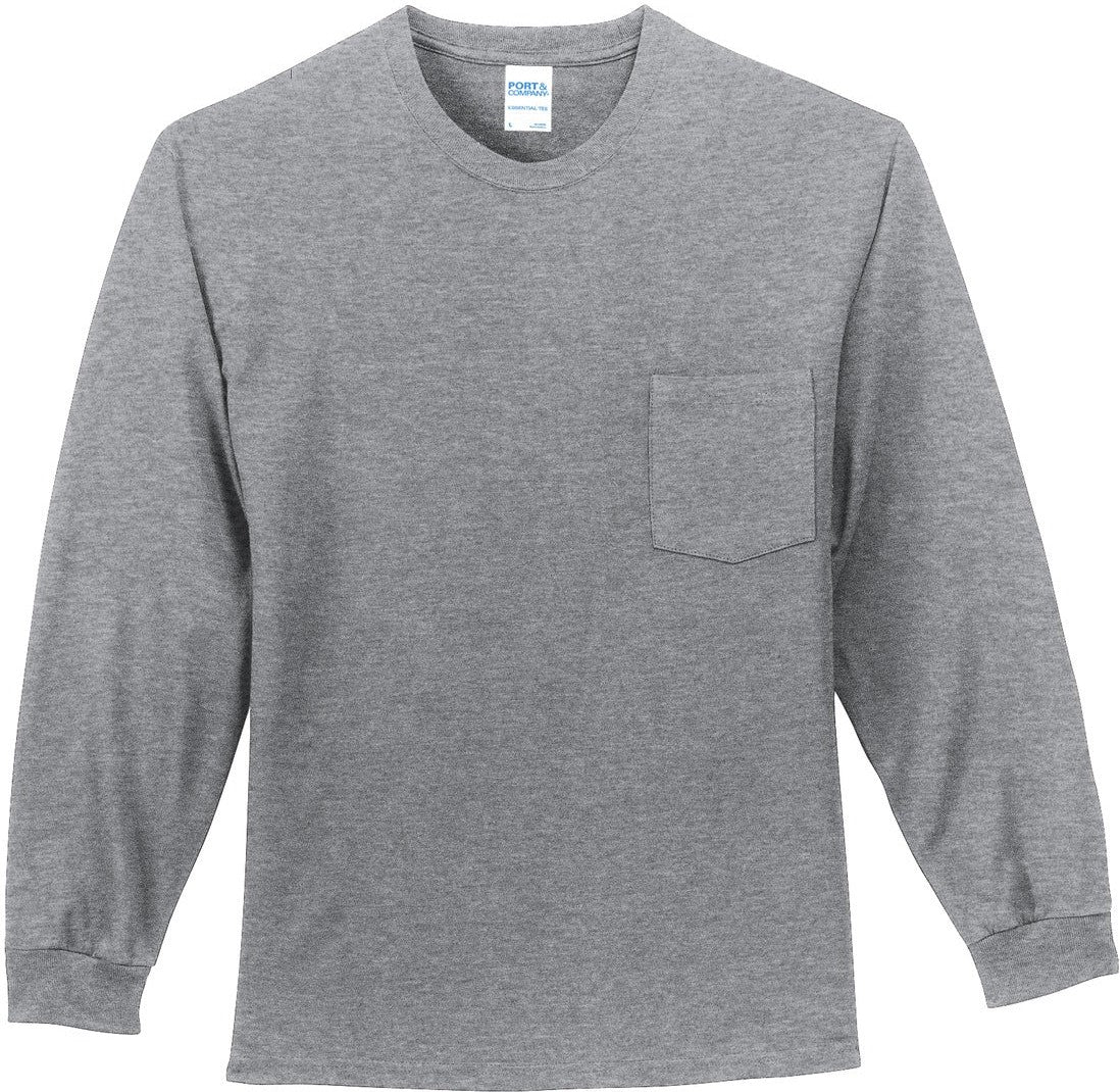 Front View of Athletic Hthr Port & Co Tall Long Sleeve Essential Pocket Tee. PC61LSPT