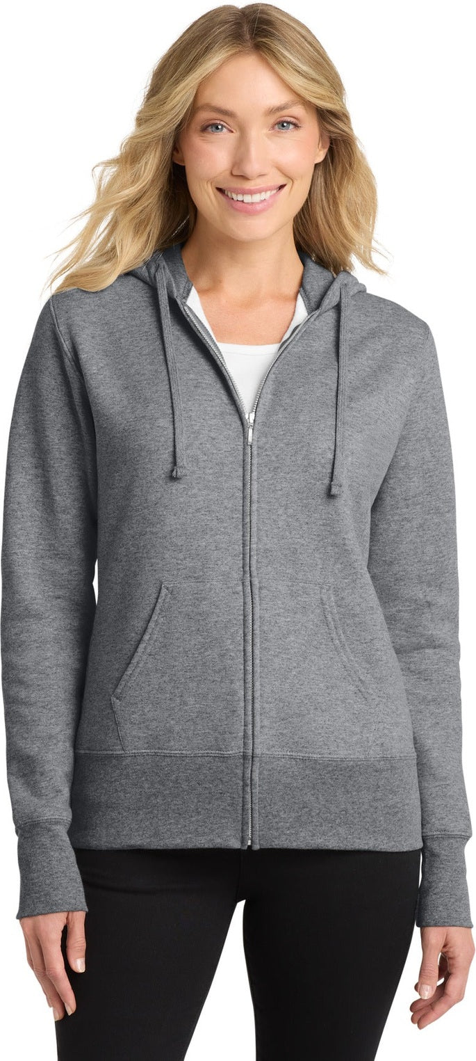 Front View of Athletic Hthr Port & Co Women's Core Fleece Full-Zip Hooded Sweatshirt. LPC78ZH