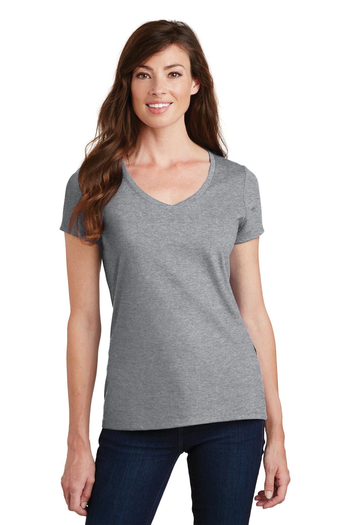 Front View of Athletic Hthr Port & Co Women's Fan Favorite V-Neck Tee. LPC450V