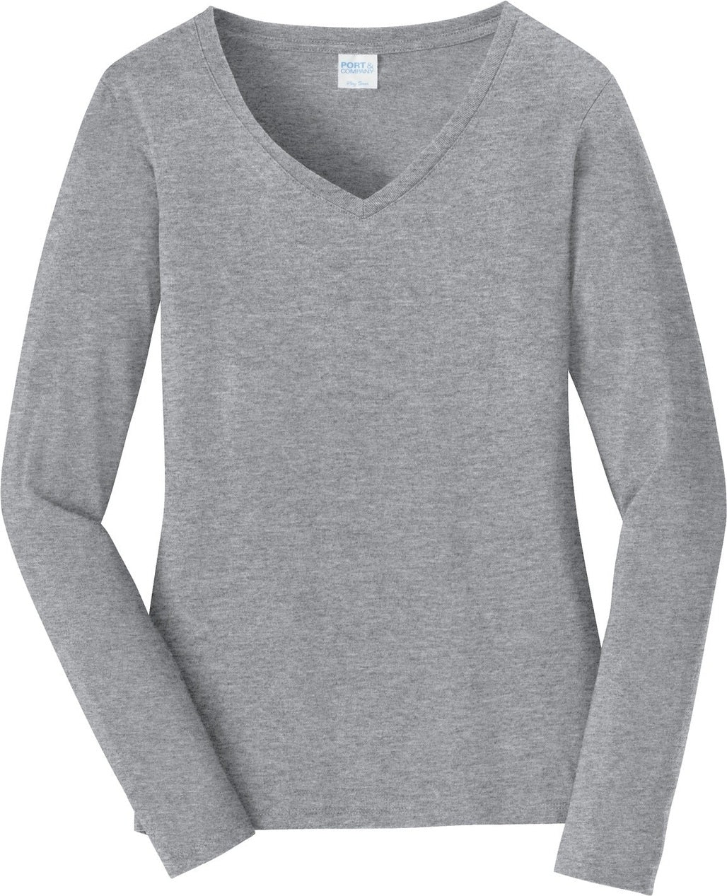 Front View of Athletic Hthr Port & Co Women's Long Sleeve Fan Favorite V-Neck Tee. LPC450VLS