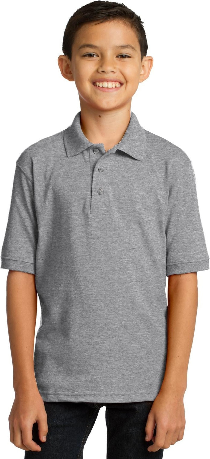 Front View of Athletic Hthr Port & Co Youth Core Blend Jersey Knit Polo. KP55Y