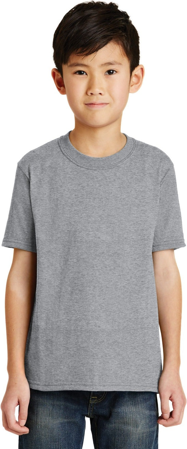 Front View of Athletic Hthr Port & Co Youth Core Blend Tee. PC55Y