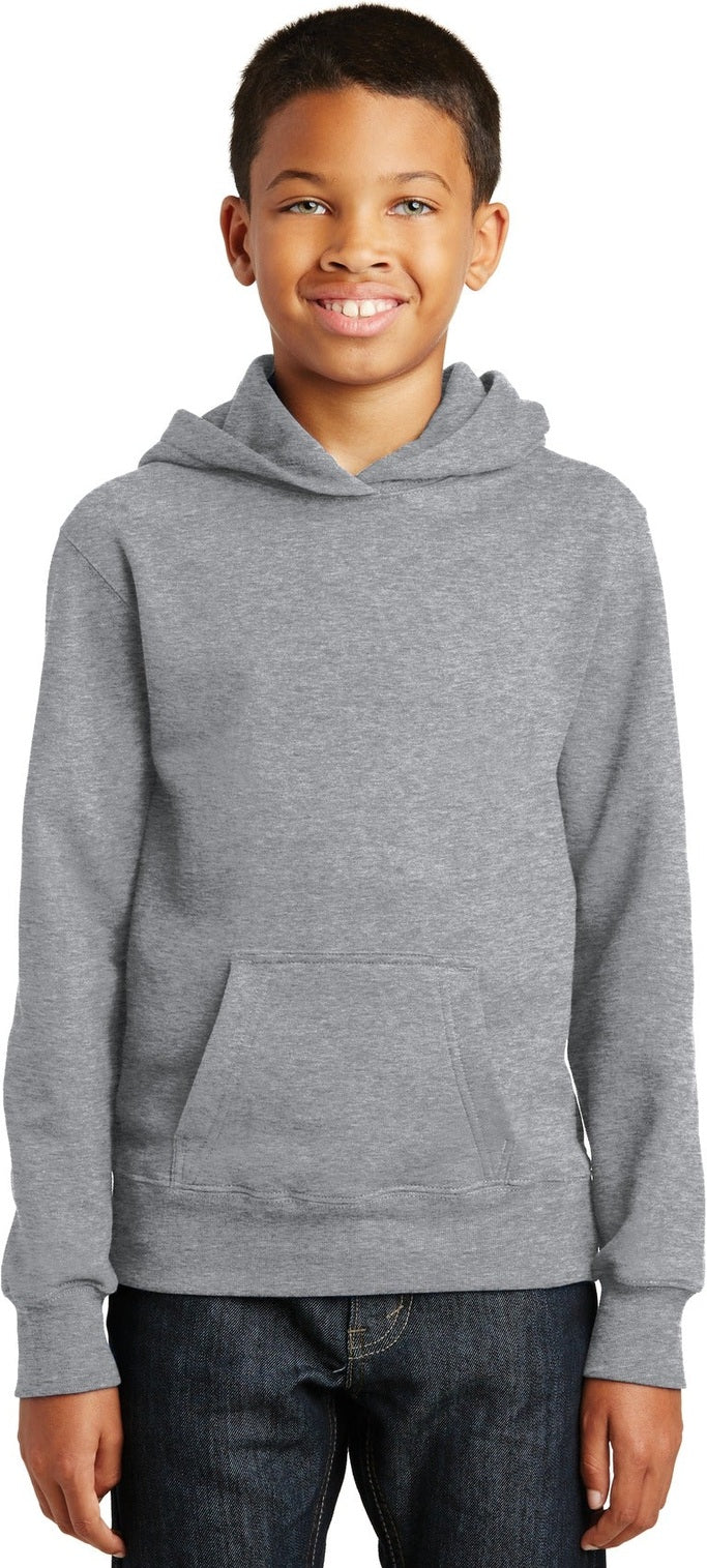 Front View of Athletic Hthr Port & Co Youth Fan Favorite Fleece Pullover Hooded Sweatshirt. PC850YH