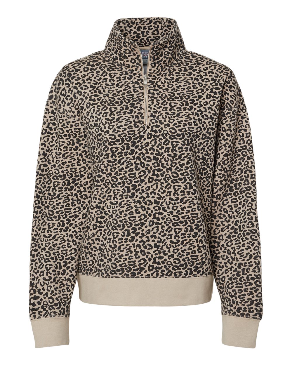 Front View of Atmosphere/ Black Leopard Women's Sueded Fleece Quarter-Zip Sweatshirt - W22713