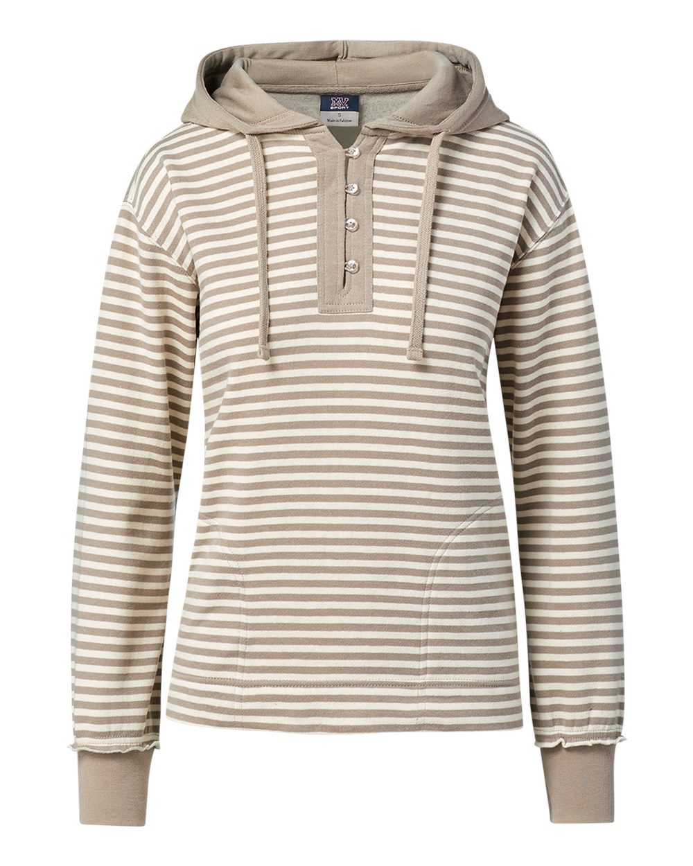 Front View of Atmosphere/ Ecru Stripe Women's Alina Henley Hooded Sweatshirt - W24128