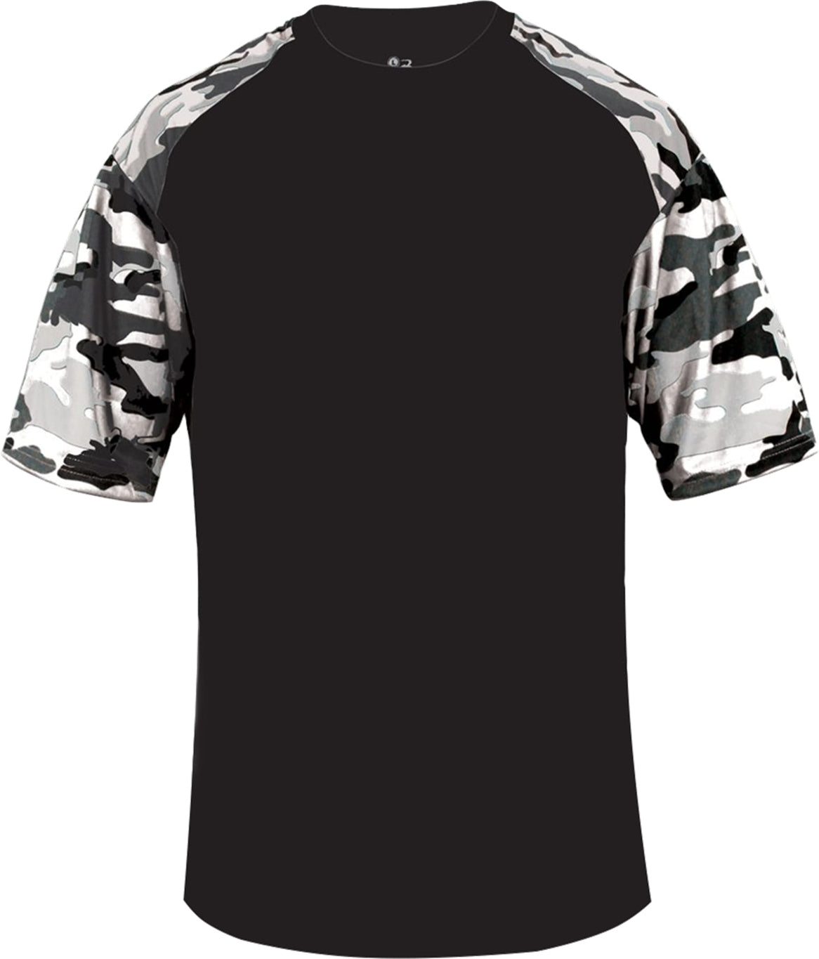 Front View of BA BLACK/WHITE CAMO YOUTH CAMO SPORT TEE