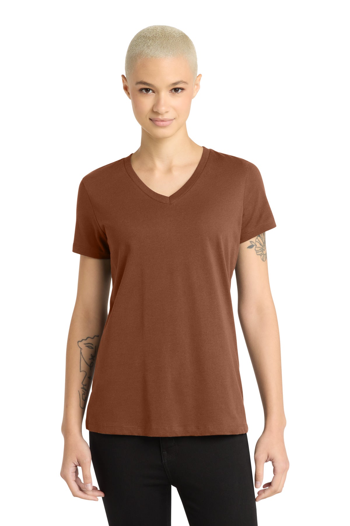 Front View of BakedClay District - Women's Perfect Weight V-Neck Tee. DM1170L