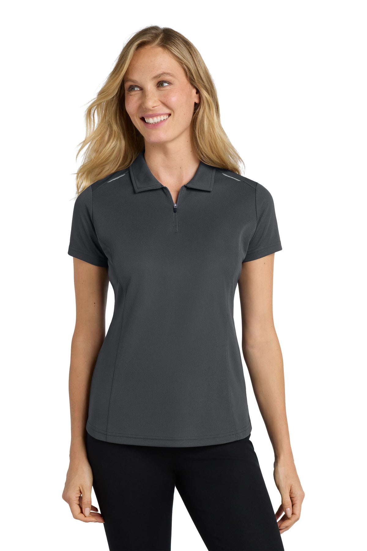 Front View of Battleship Gry Port Authority Women's Pinpoint Mesh Zip Polo. L580