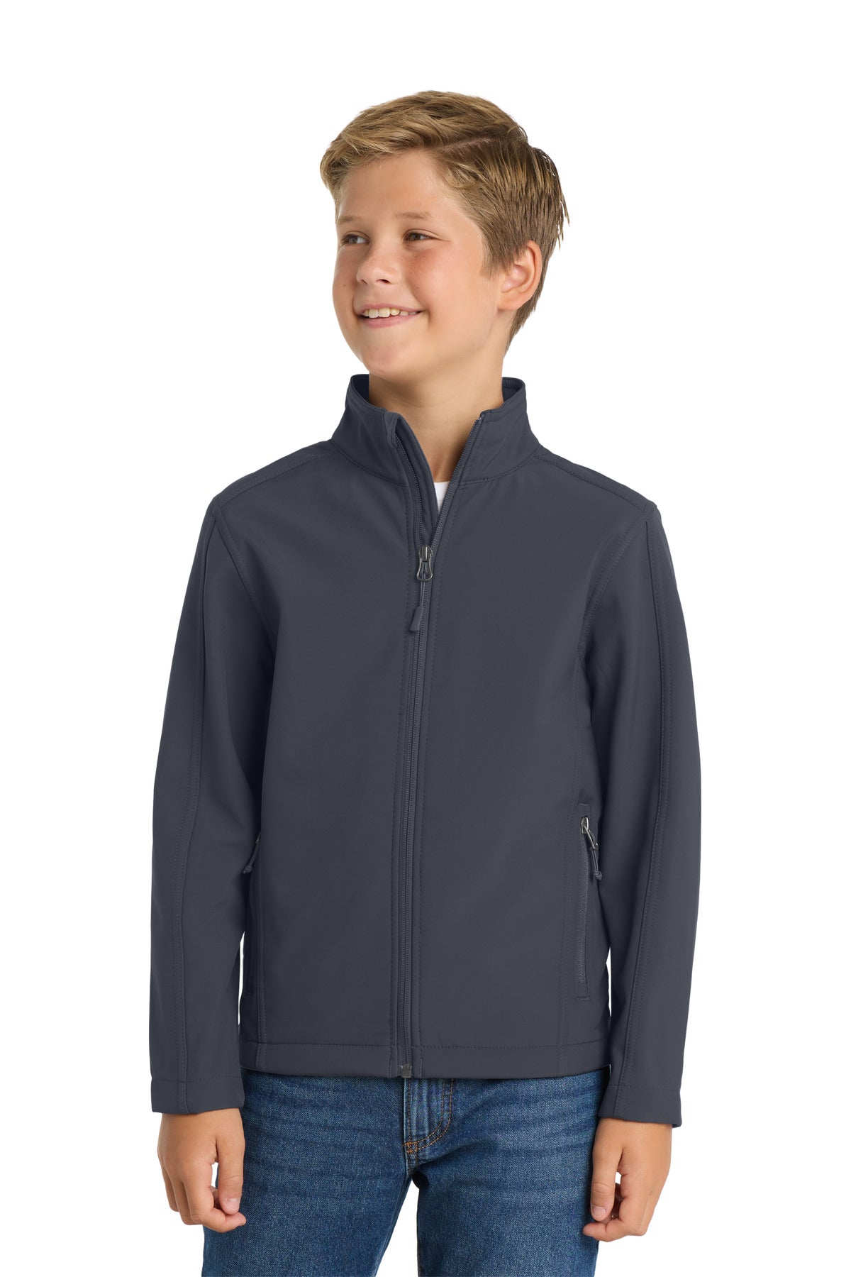 Front View of Battleship Gry Port Authority Youth Core Soft Shell Jacket. Y317