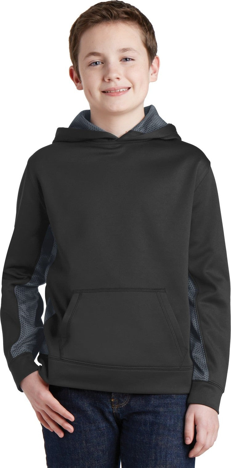 Front View of Bk/Dark Sm Gry Sport-Tek Youth Sport-Wick CamoHex Fleece Colorblock Hooded Pullover. YST239