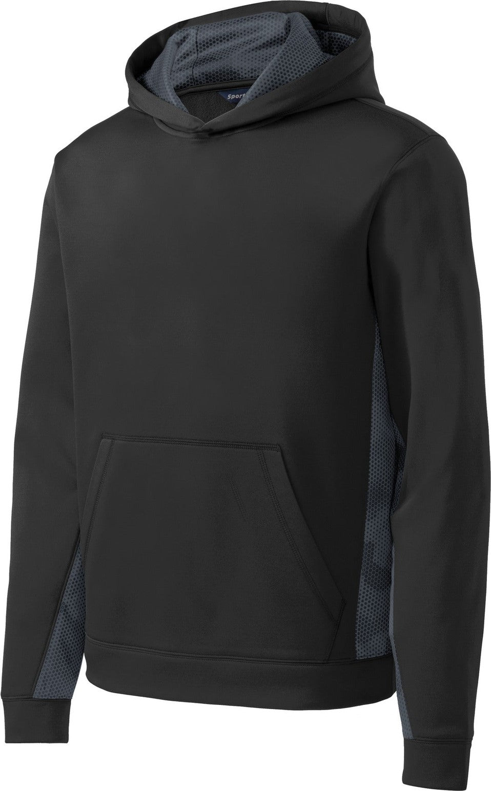Front View of Bk/Dark Sm Gry Sport-Tek Youth Sport-Wick CamoHex Fleece Colorblock Hooded Pullover. YST239