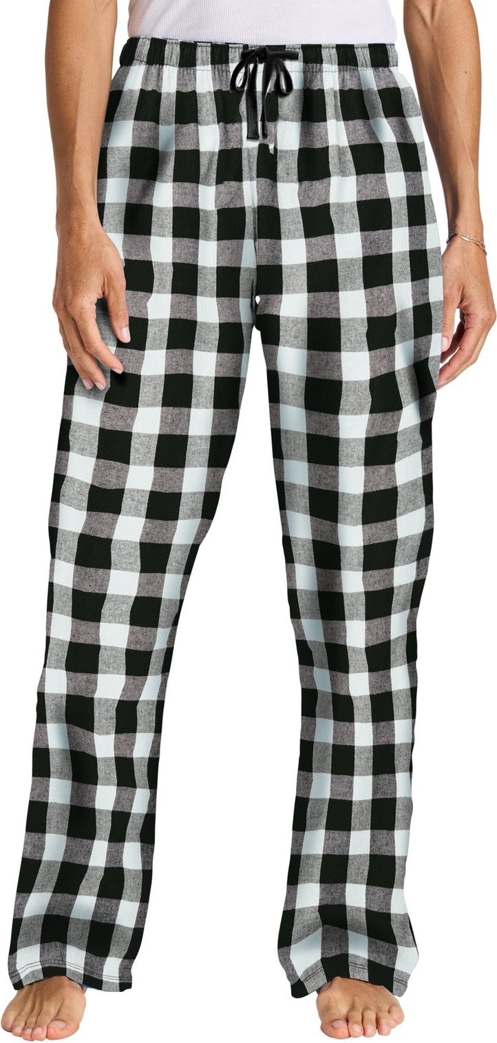 Front View of Bk/WBfflCk District Women's Flannel Plaid Pant. DT2800