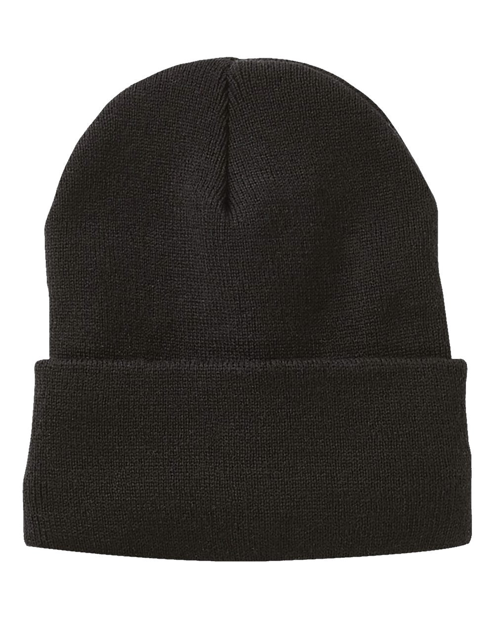 Front View of Black 12" Jersey Lined Cuffed Beanie - SP12JL
