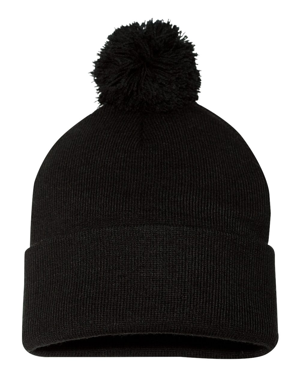 Front View of Black 12" Pom-Pom Cuffed Beanie - SP15