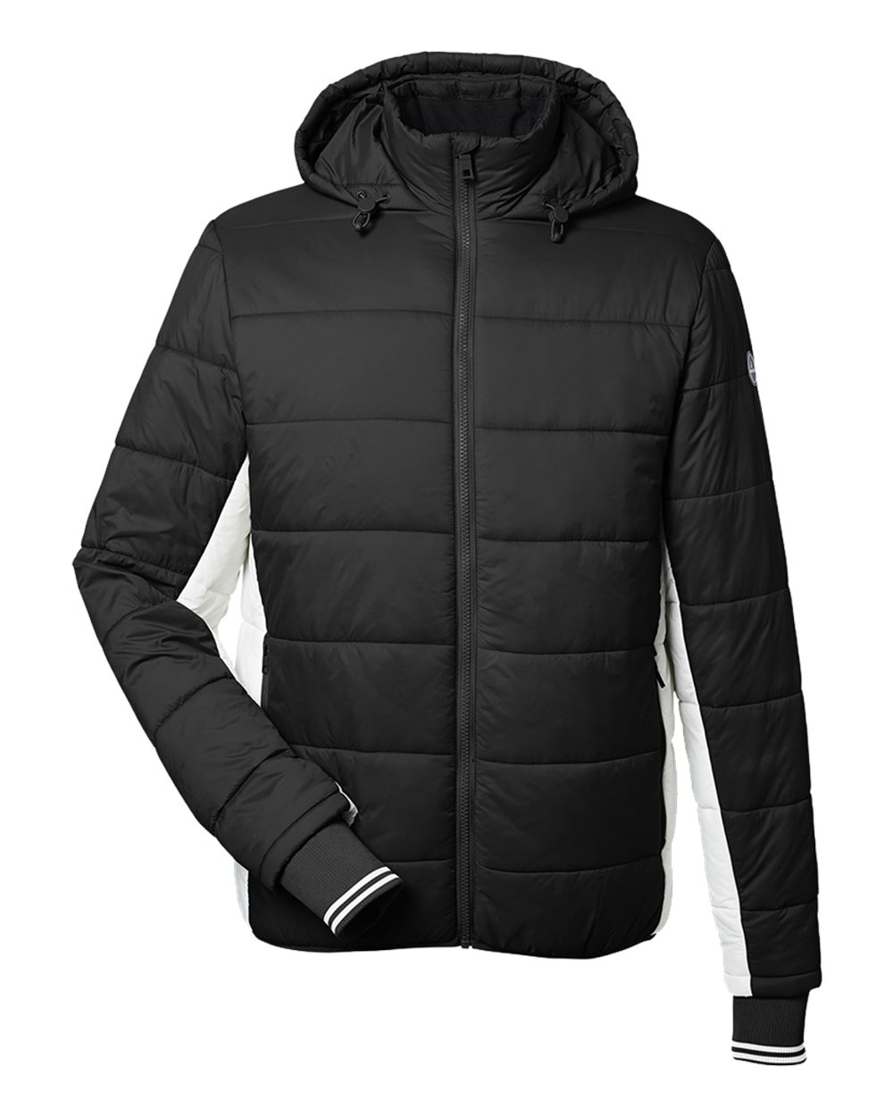 Front View of Black/ Antique White Nautical Mile Hooded Puffer Jacket - N17186