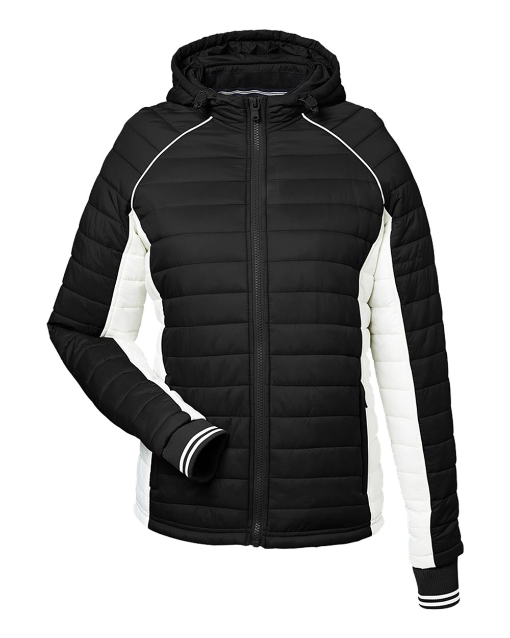 Front View of Black/ Antique White Women's Nautical Mile Hooded Puffer Jacket - N17187