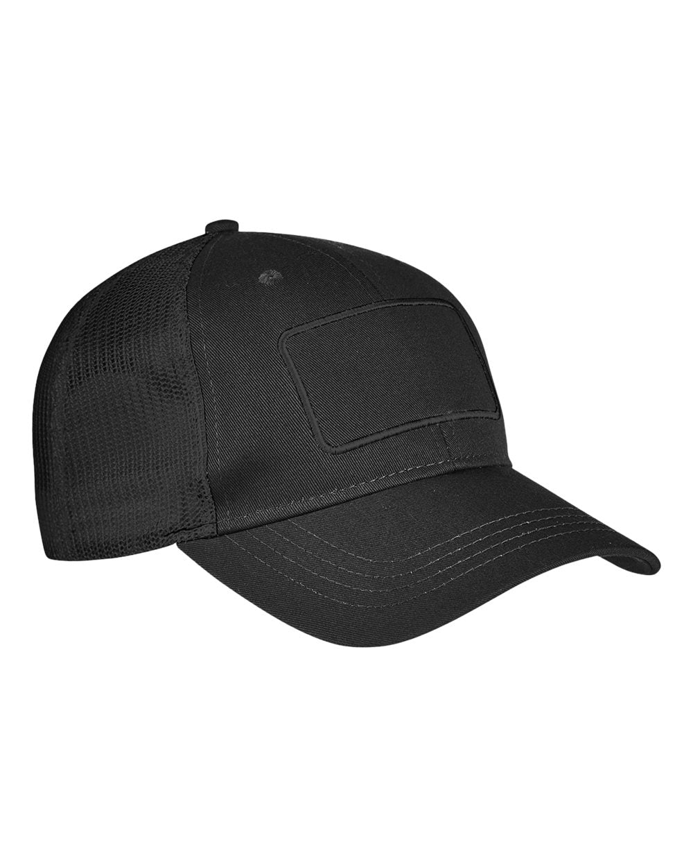 Front View of Black/ Black/ Black Patch Trucker Cap - BA656T