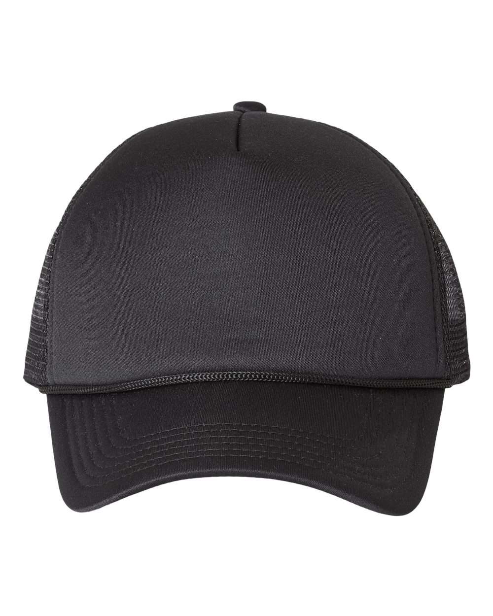Front View of Black/ Black Foam Mesh-Back Trucker Cap - VC700