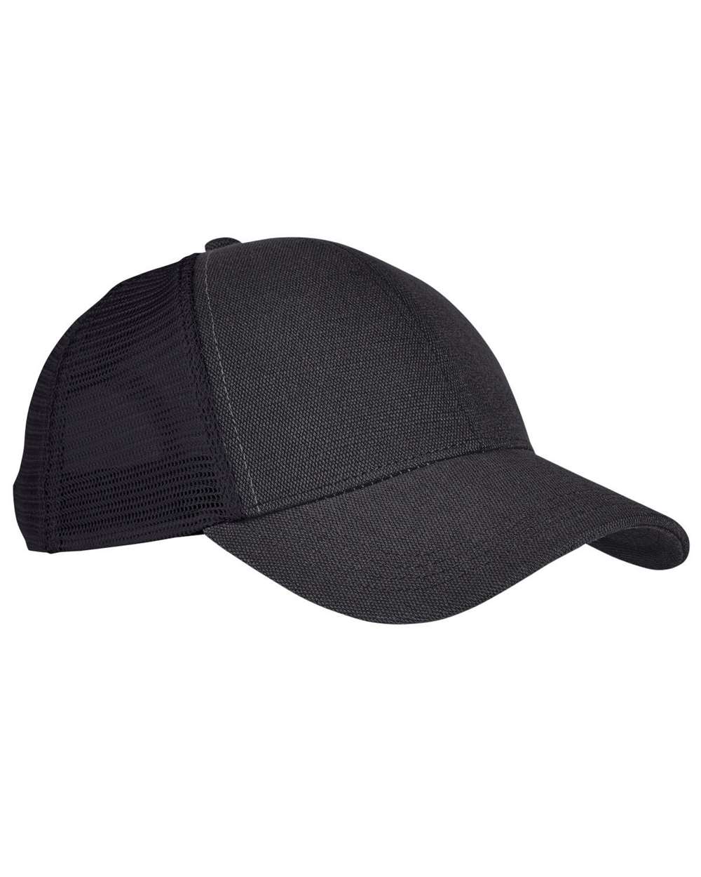 Front View of Black/ Black Hemp Blend Trucker Cap - EC7093