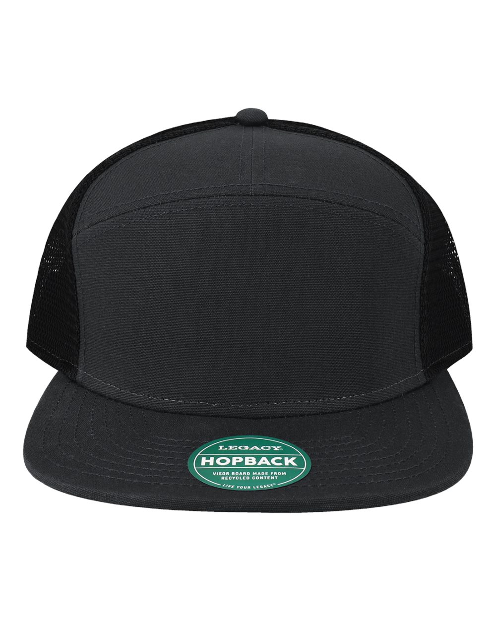 Front View of Black/ Black Hopback Seven-Panel Trucker Cap - H7FB