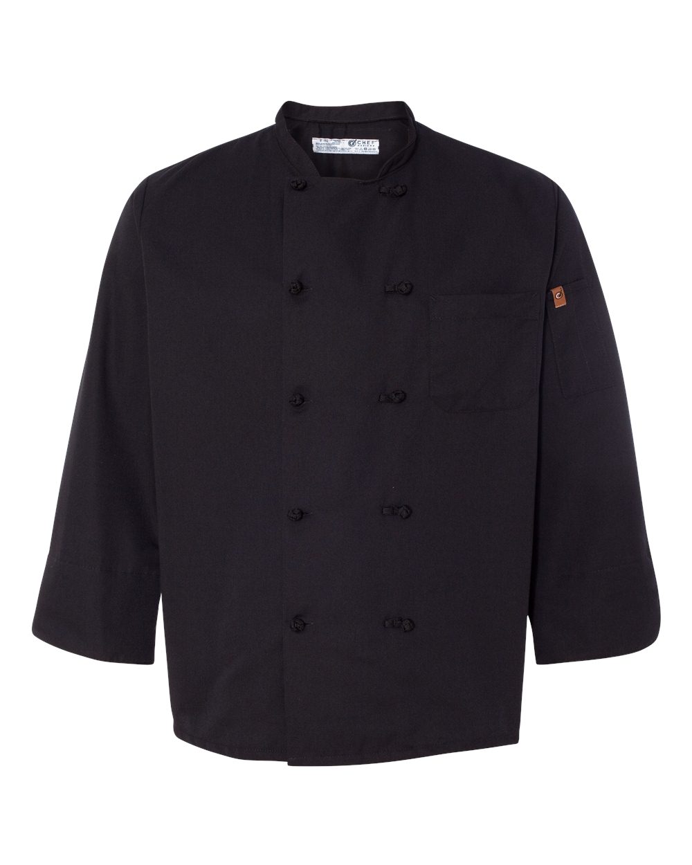 Front View of Black Black Knot Button Chef Coat - 0427