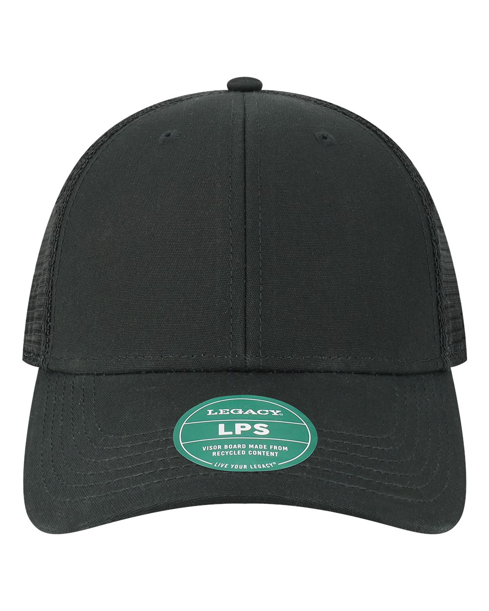 Front View of Black/ Black Lo-Pro Snapback Trucker Cap - LPS