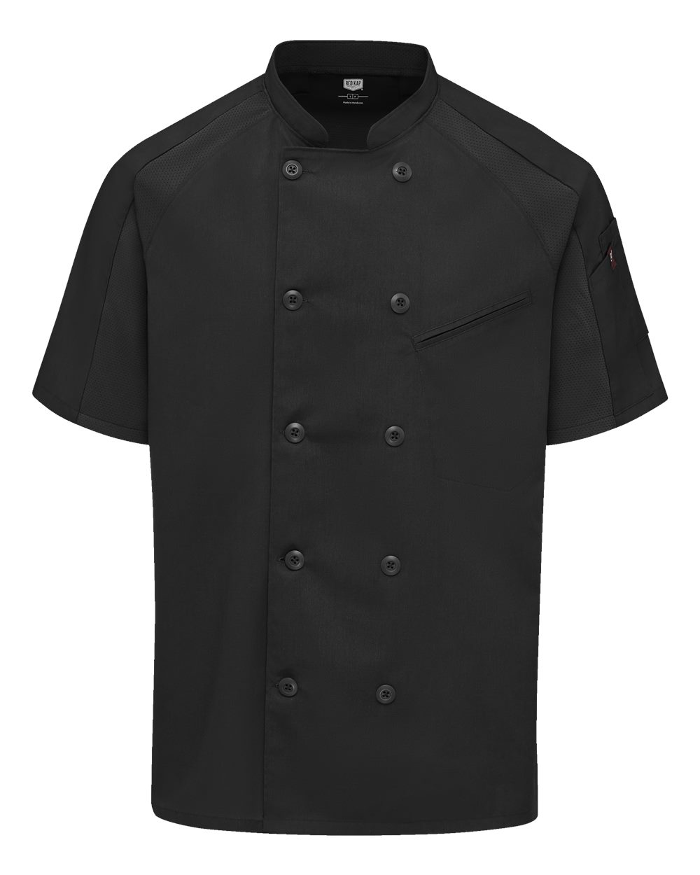 Front View of Black/ Black Mesh Airflow Raglan Chef Coat - 052M