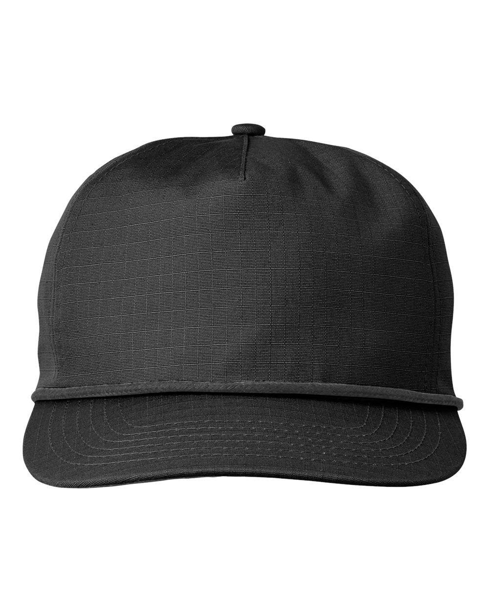 Front View of Black/ Black Rope Lariat Ripstop Cap - BA699 plain