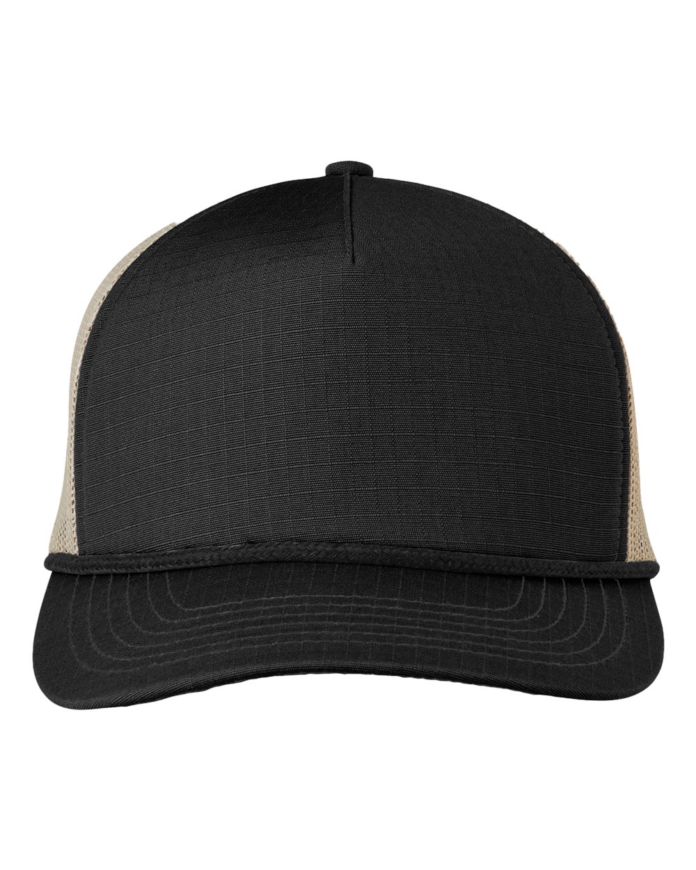 Front View of Black/ Black Rope Lariat Ripstop Trucker Cap - BA680