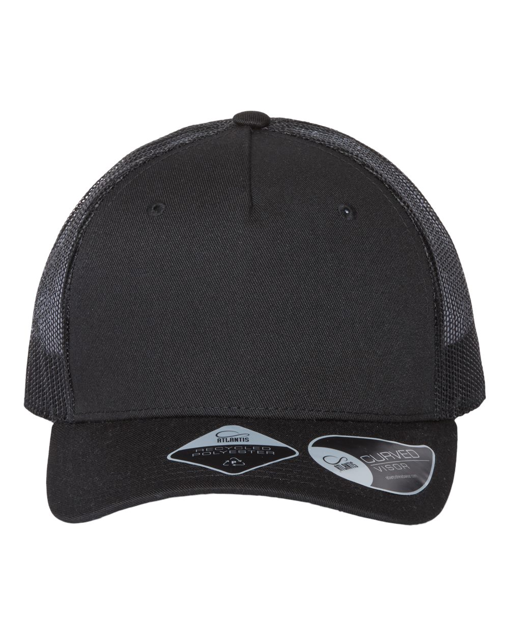 Front View of Black/ Black Sustainable Five-Panel Trucker Cap - ZION