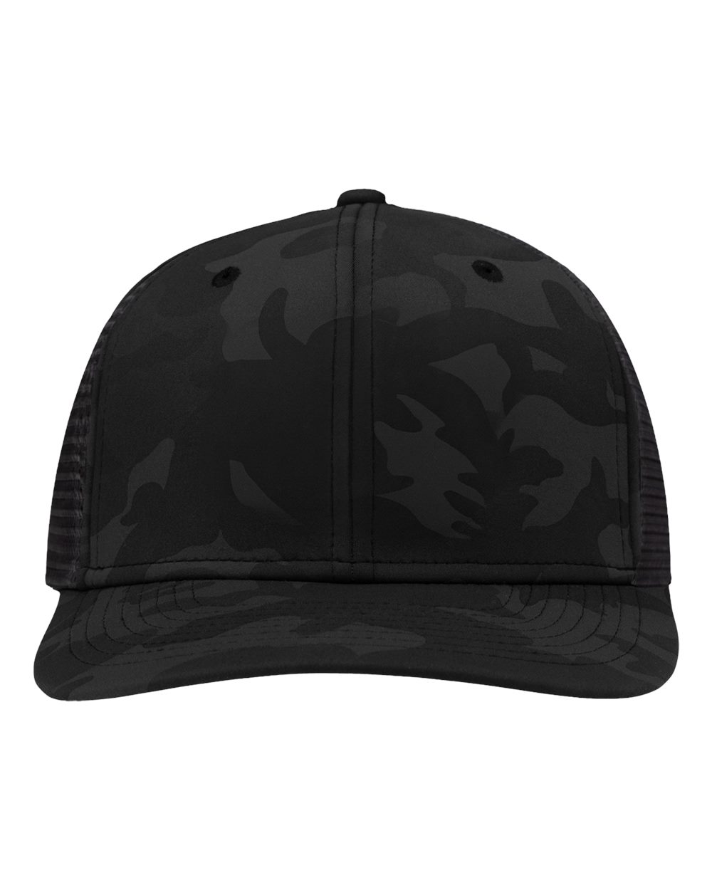 Front View of Black Camo/ Black Traditional Lo-Pro Mesh Back Trucker Fit Cap - SP1450