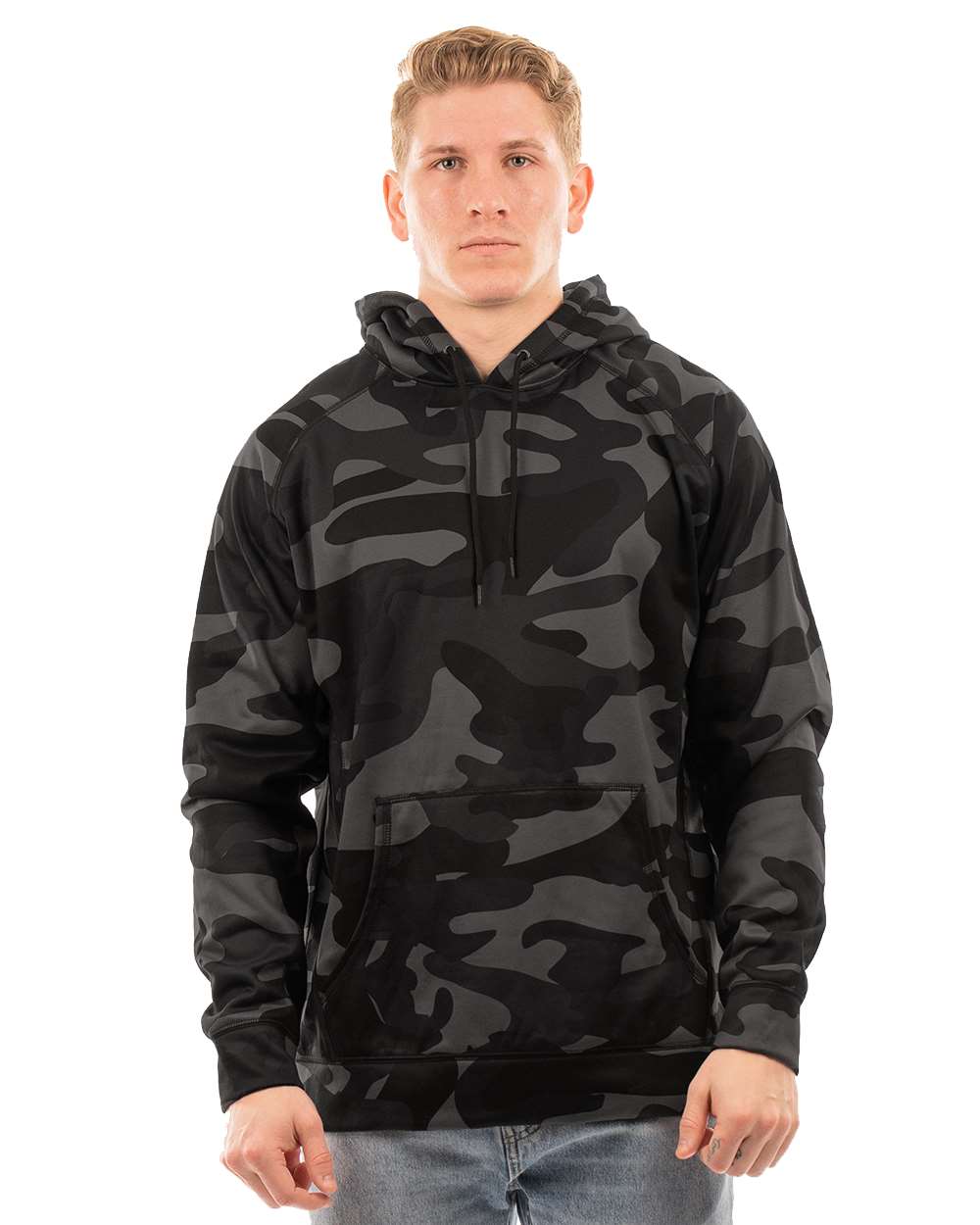 Front View of Black Camo Performance Raglan Pullover Sweatshirt - 8670