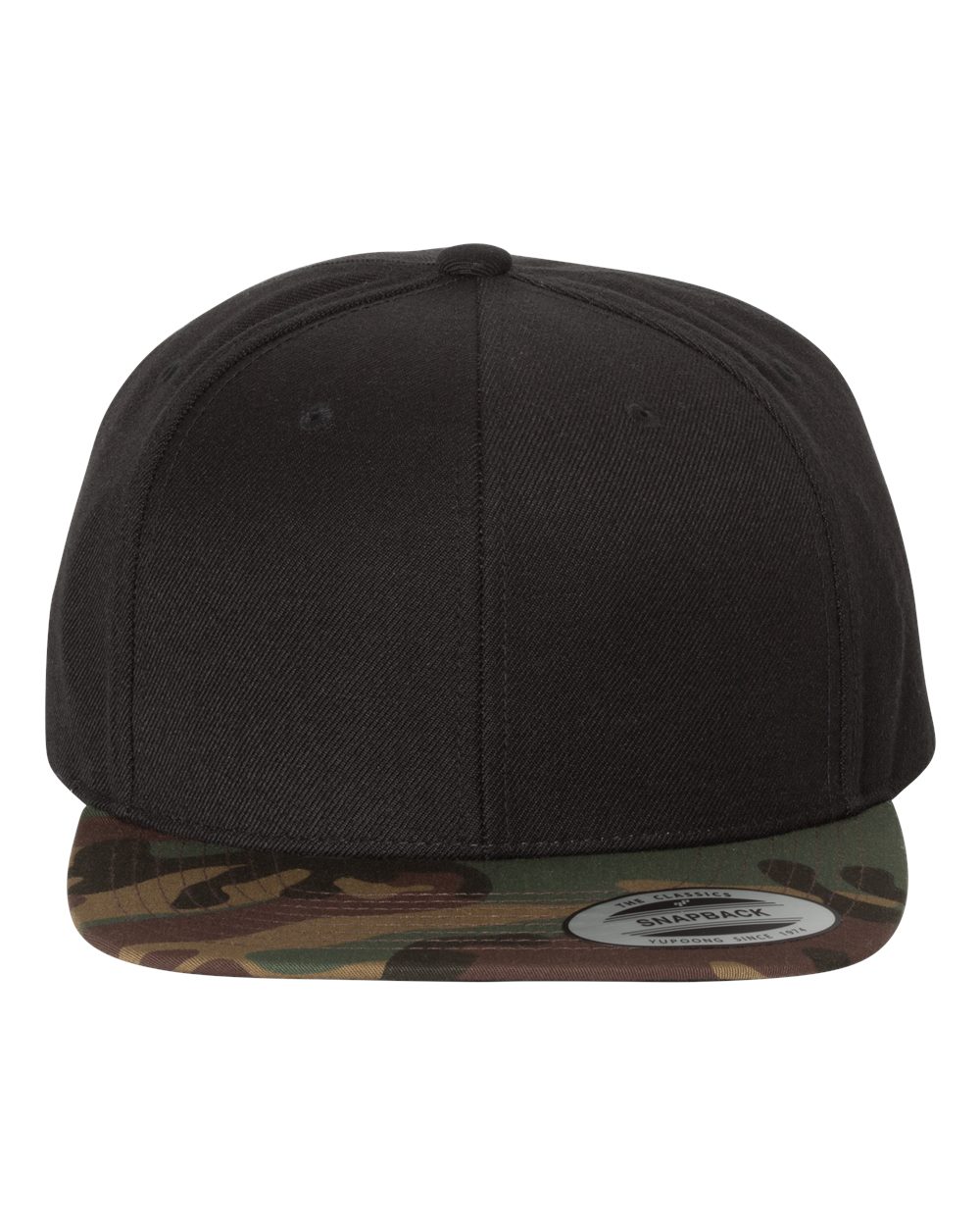 Front View of Black/ Camo Premium Flat Bill Snapback Cap - 6089M