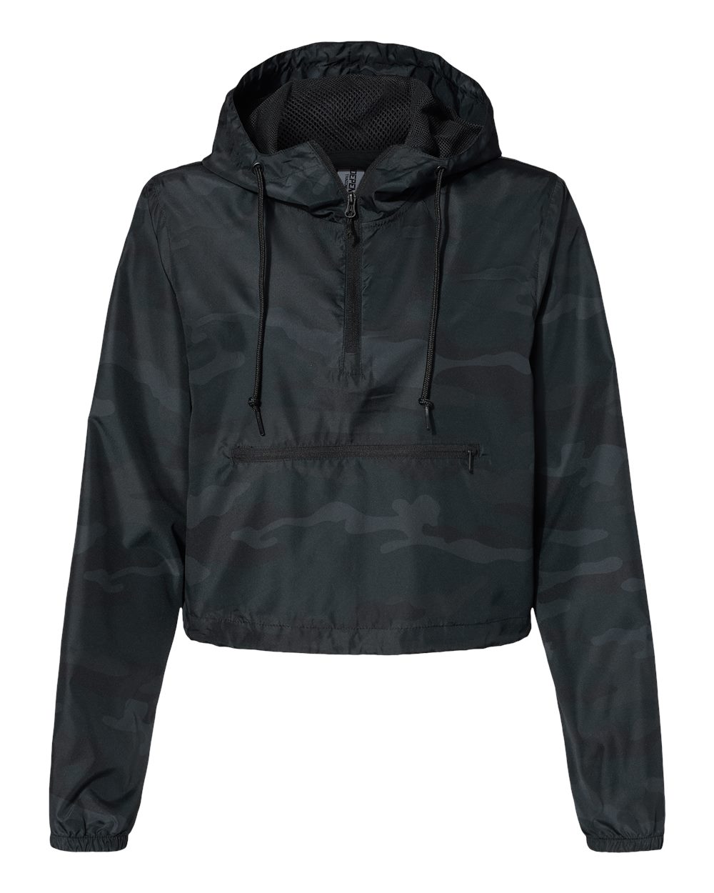 Front View of Black Camo Women's Lightweight Quarter-Zip Pullover Crop Windbreaker - EXP64CRP