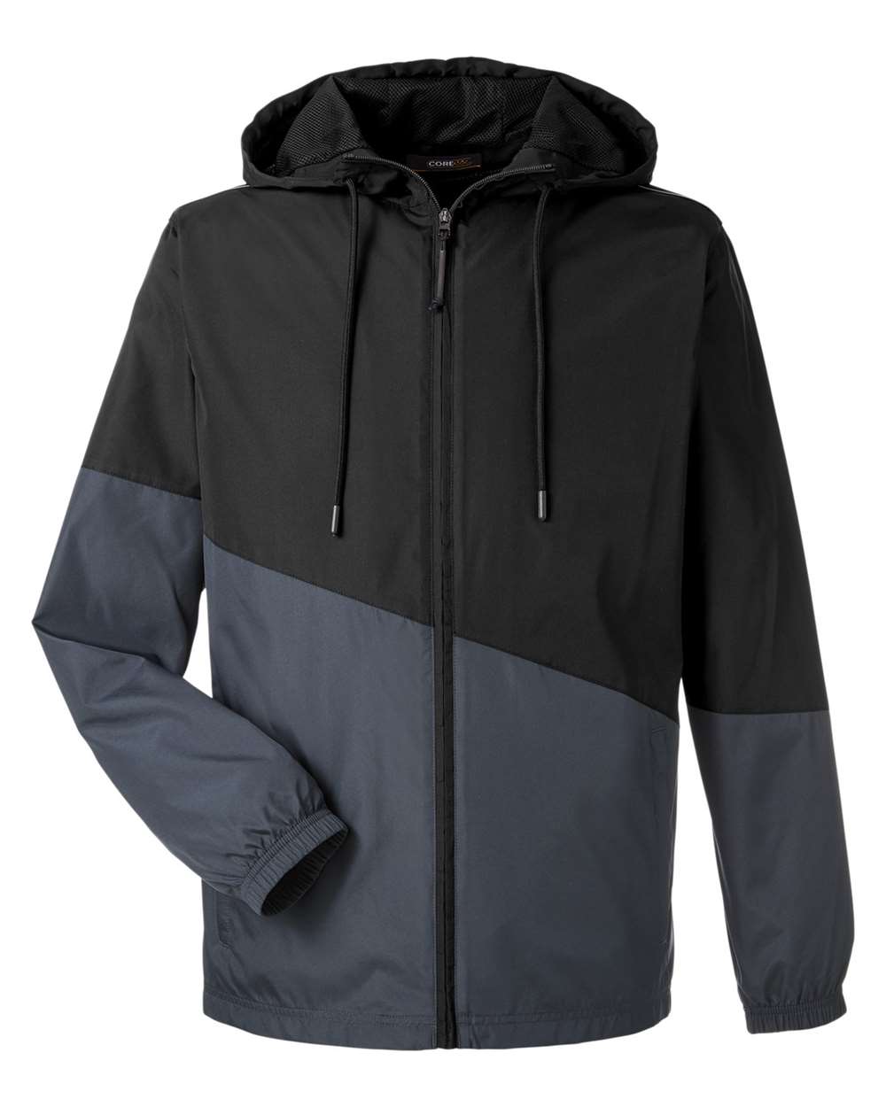Front View of Black/ Carbon Unisex Techno Lite Colorblock Windbreaker - CE710