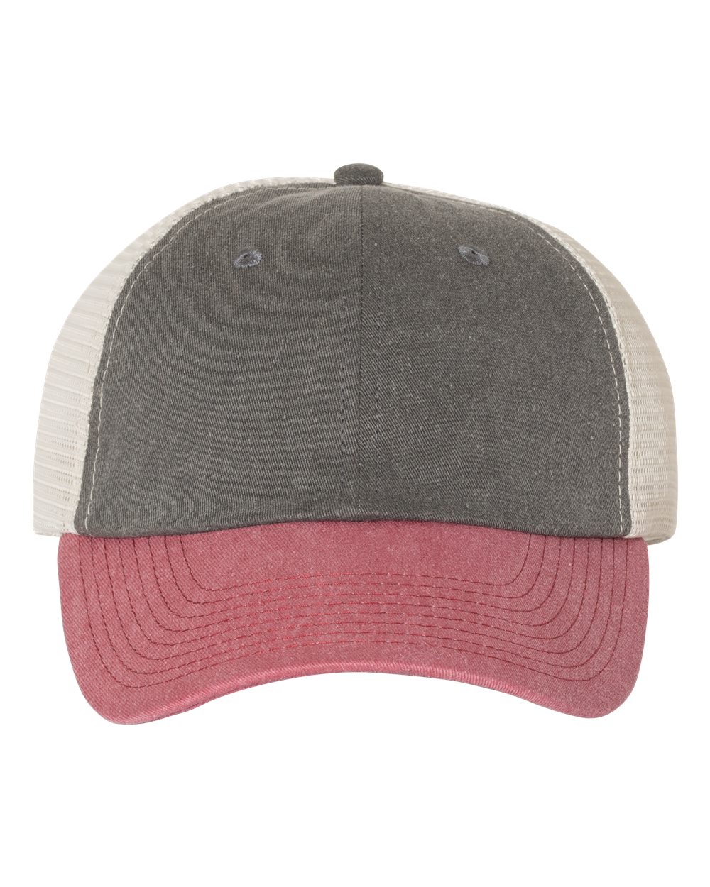 Front View of Black/ Cardinal/ Stone Pigment-Dyed Trucker Cap - SP510