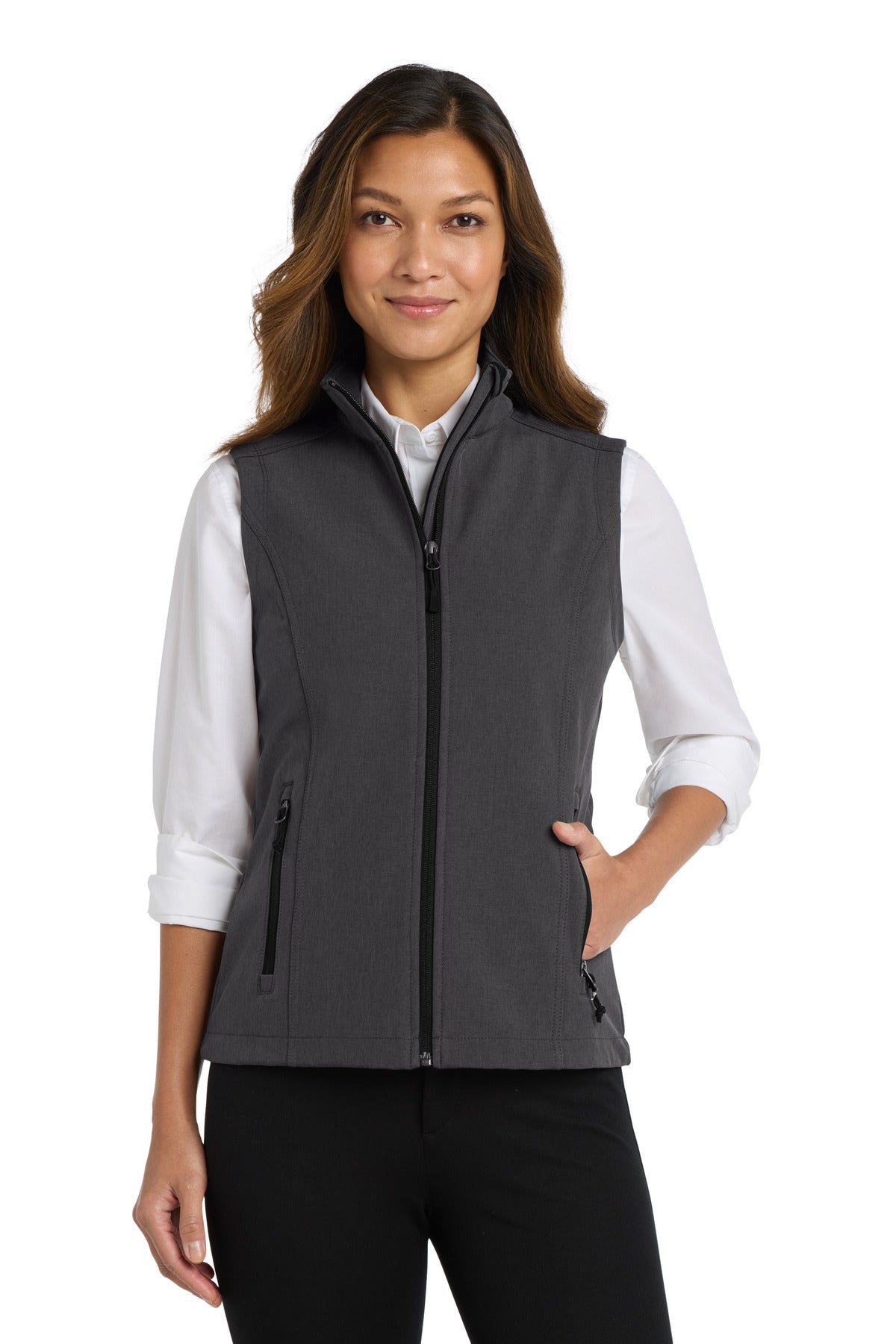Front View of Black Char Hth Port Authority Women's Core Soft Shell Vest. L325