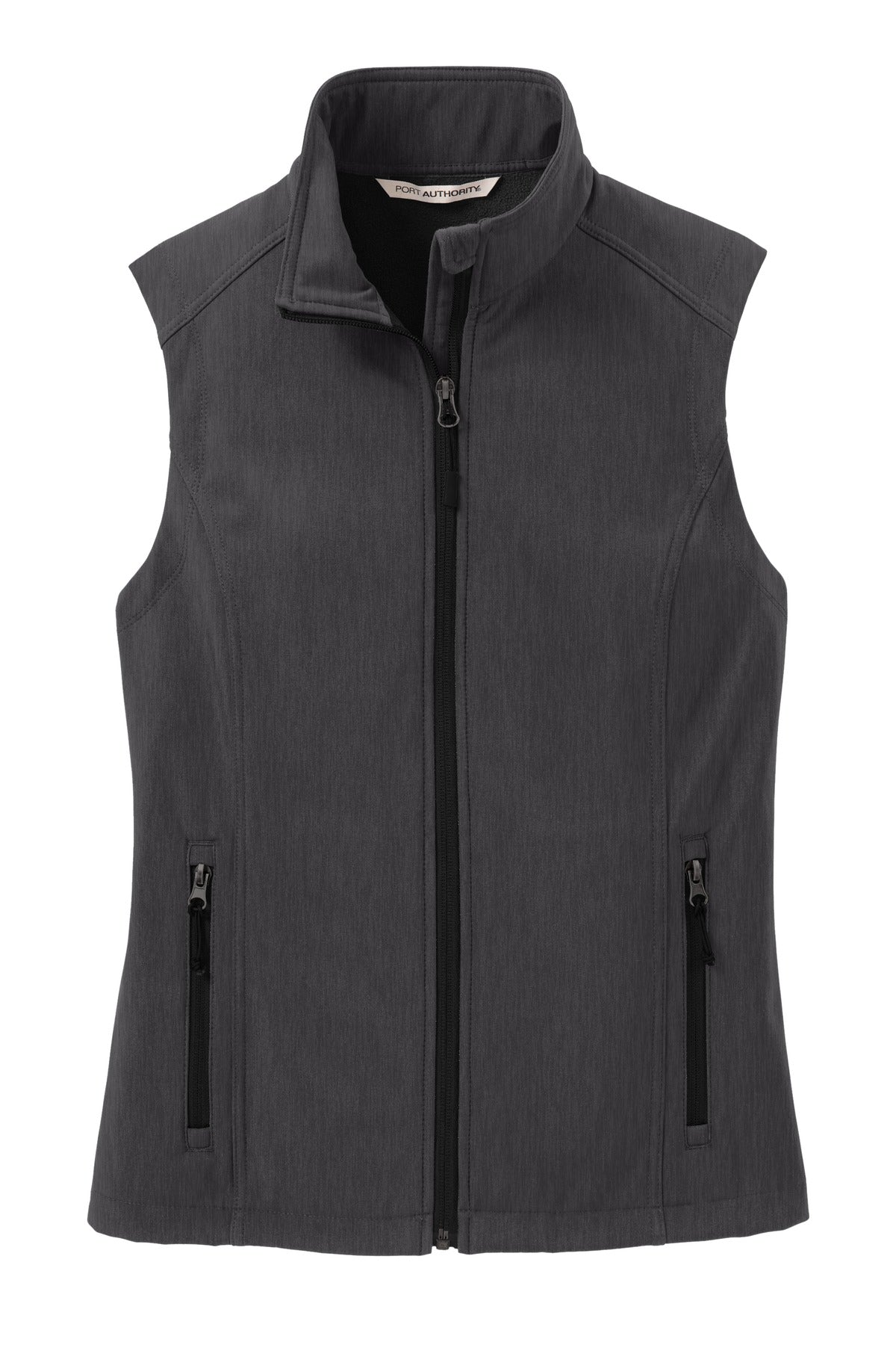 Front View of Black Char Hth Port Authority Women's Core Soft Shell Vest. L325