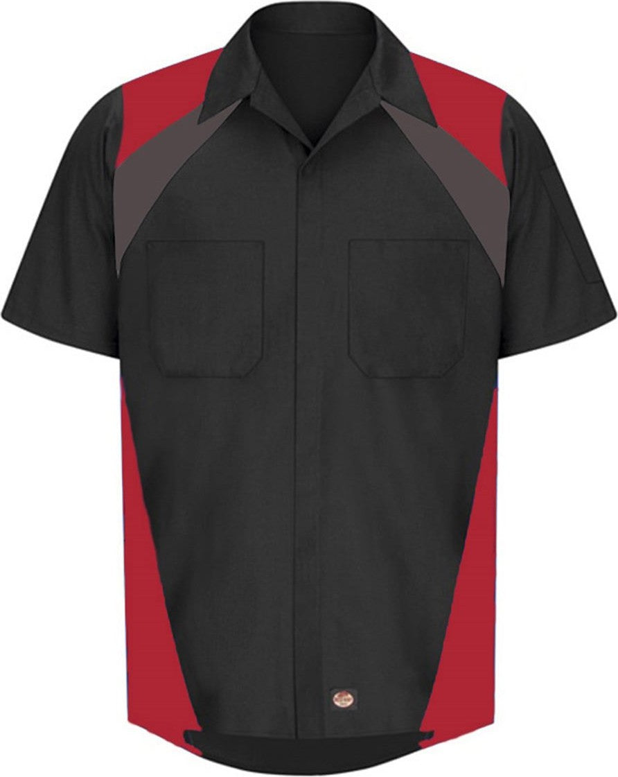 Front View of Black/ Charcoal/ Red Tri-Color Short Sleeve Shop Shirt - SY28