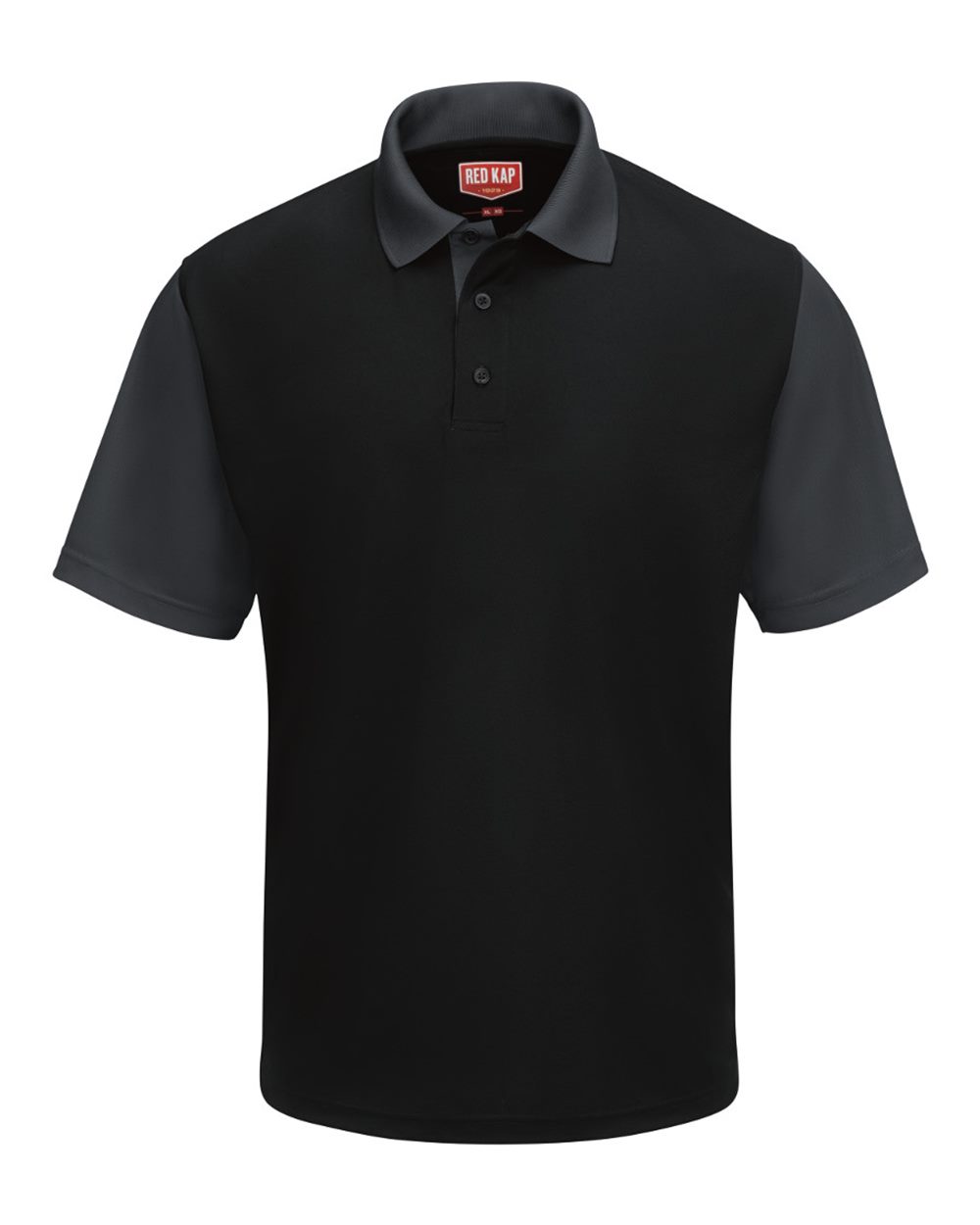 Front View of Black/ Charcoal Short Sleeve Performance Knit Color-Block Polo - SK56