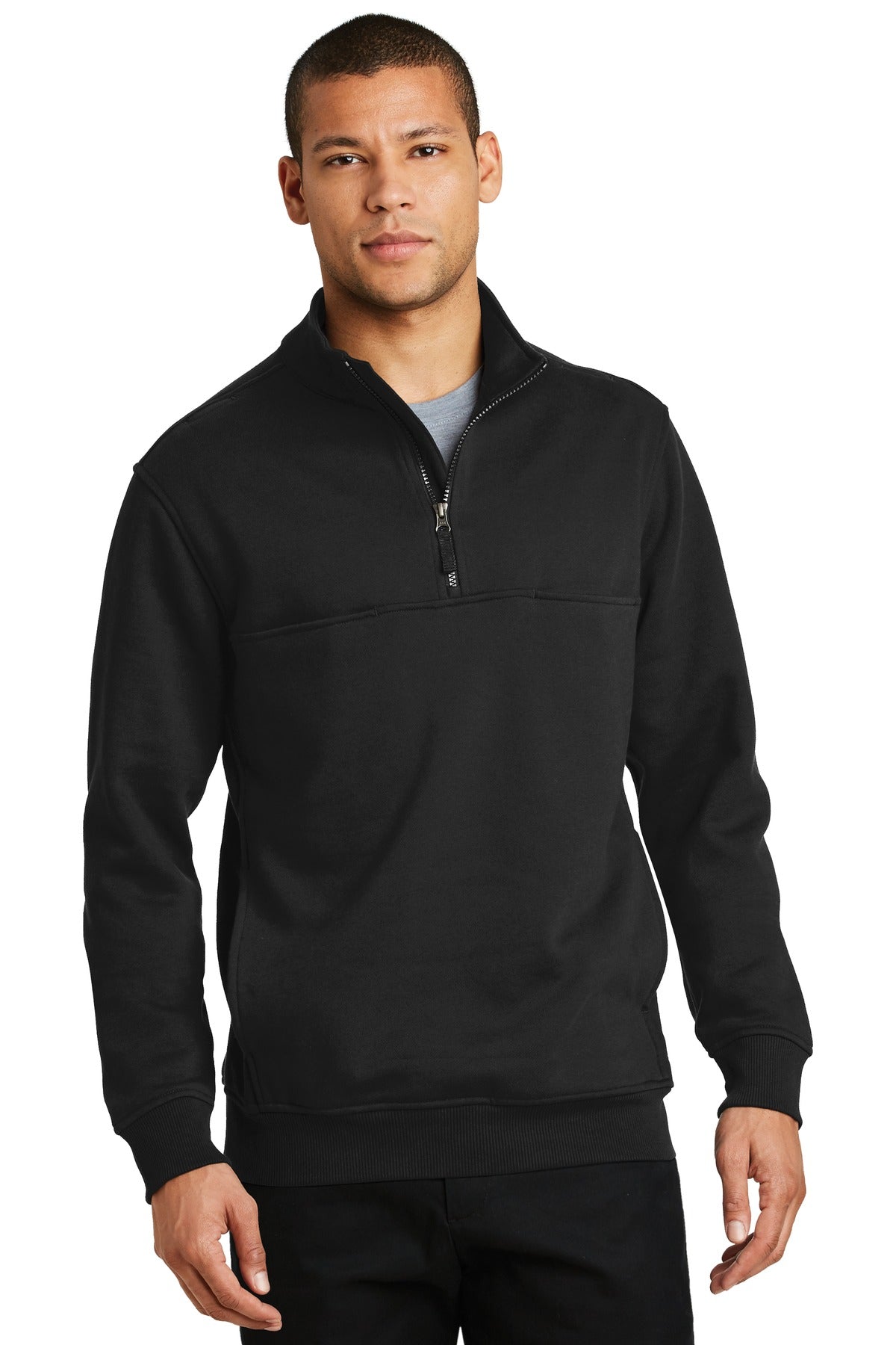 Front View of Black CornerStone 1/2-Zip Job Shirt. CS626