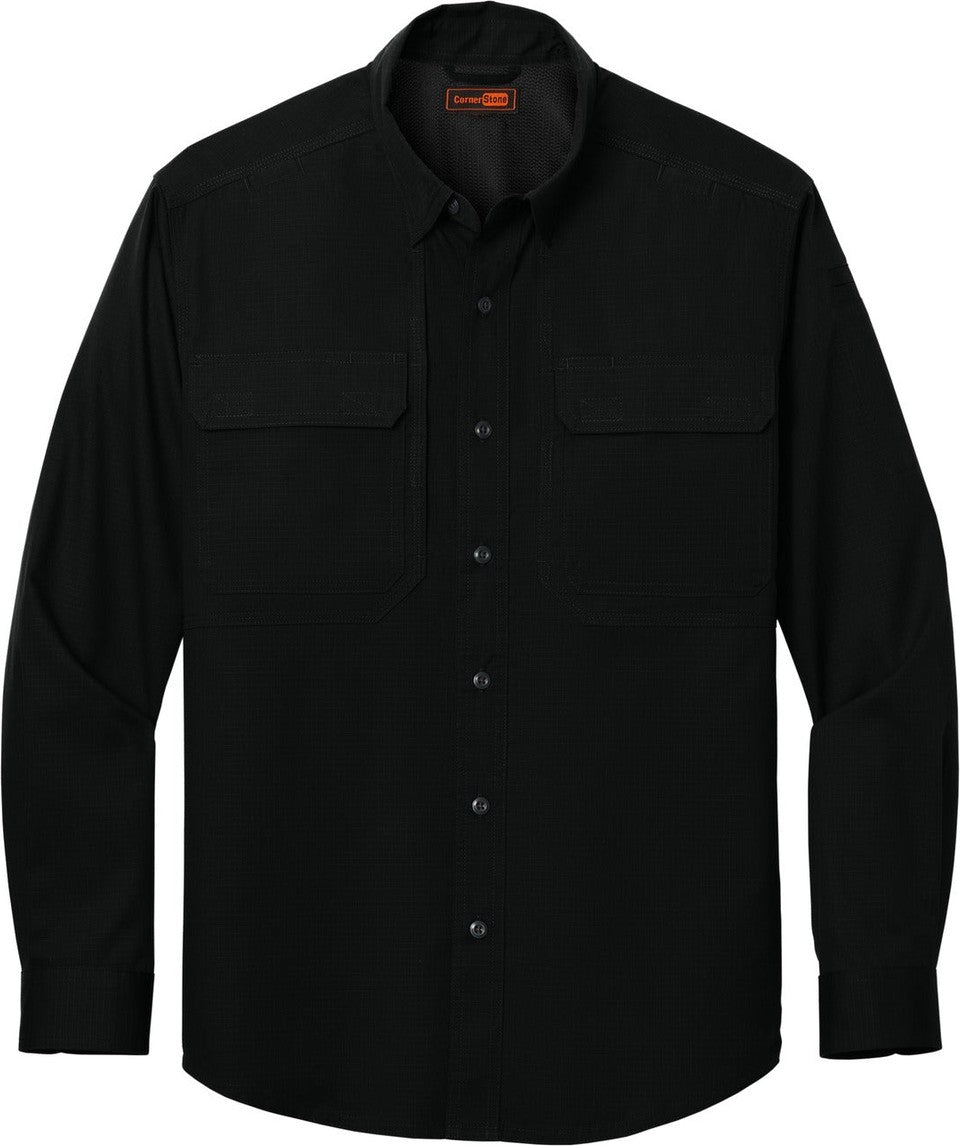 Front View of Black CornerStone Long Sleeve Select Tactical Shirt CSW176