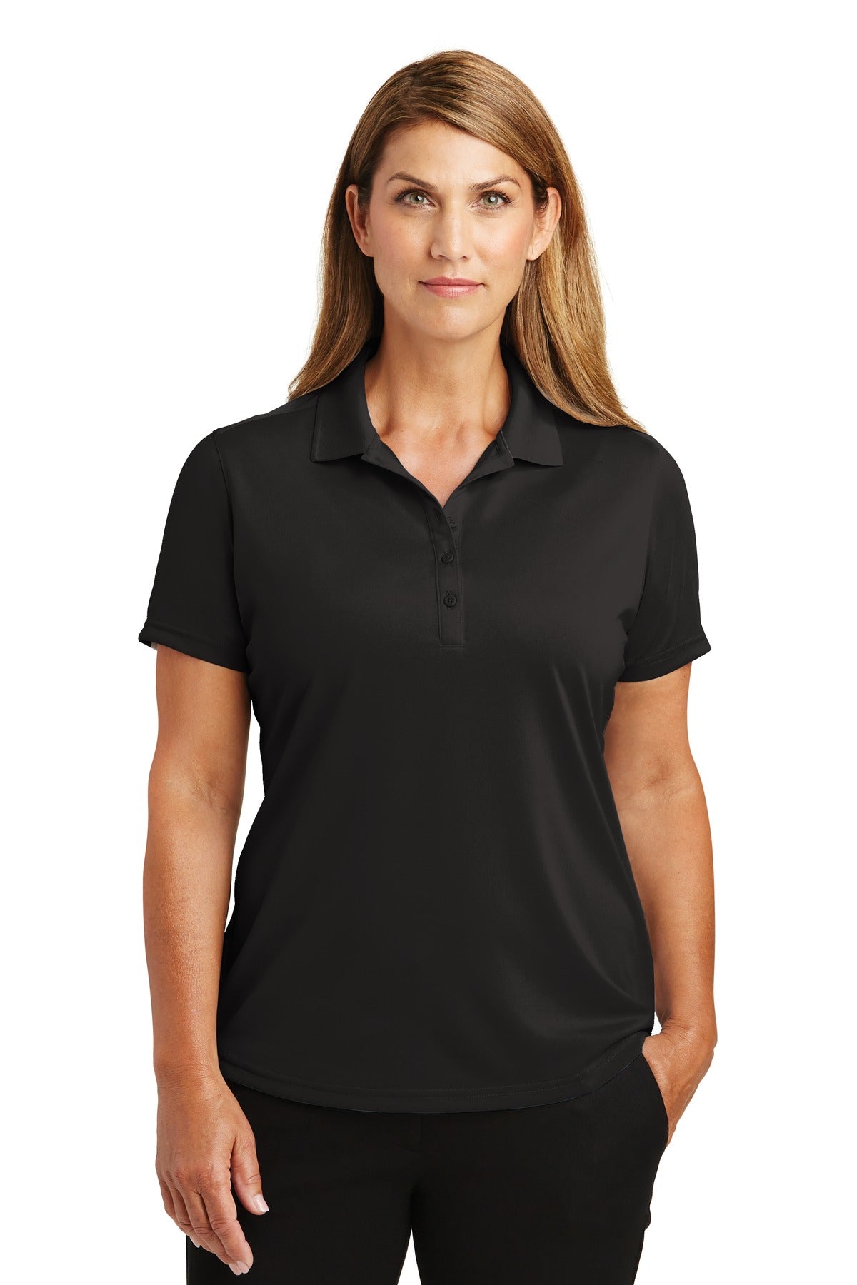 Front View of Black CornerStone Women's Select Lightweight Snag-Proof Polo. CS419