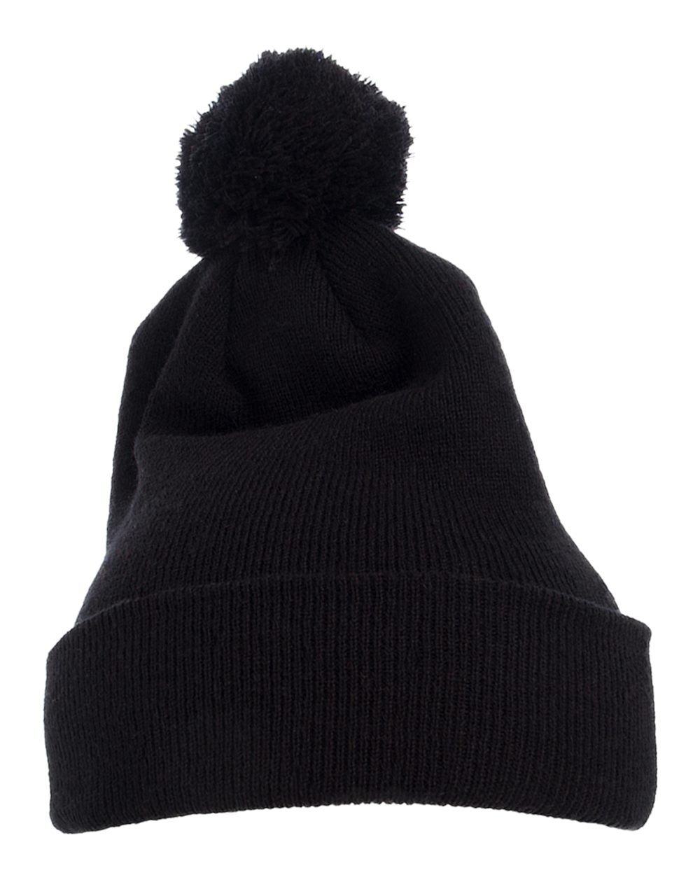 Front View of Black Cuff Knit Beanie w Pom - 1501P