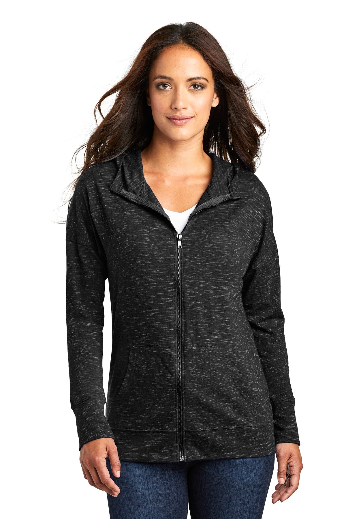 Front View of Black District Women's Medal Full-Zip Hoodie. DT665
